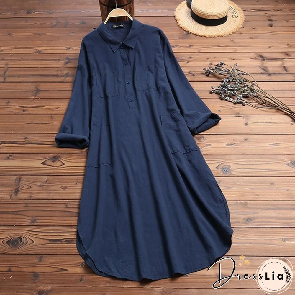 S-5XL Women Side Slit Cotton Long Dress Spring Solid Color Long Shirt Dress Kaftan Dress