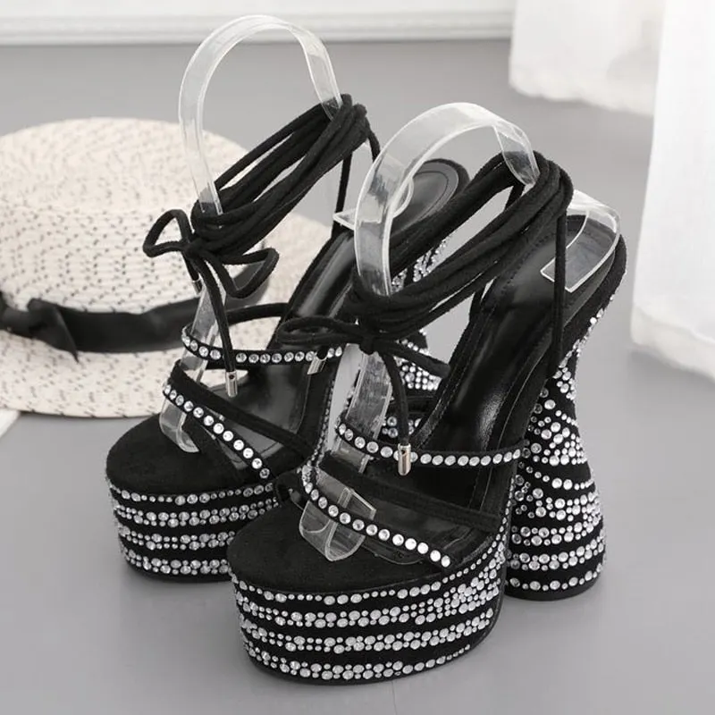 2022 New Lace Up Platform Sandals Women Fashion Open Toe Thick Bottom Crystal Strange High Heels Nightclub Stripper Shoe Size 42