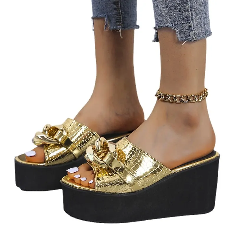 Best Sale Top Cowhide Platform Summer Shoes Women Sandals Slippers 2021 Fish Head Wedges Sandals High Heels Shoes Summer Sandals