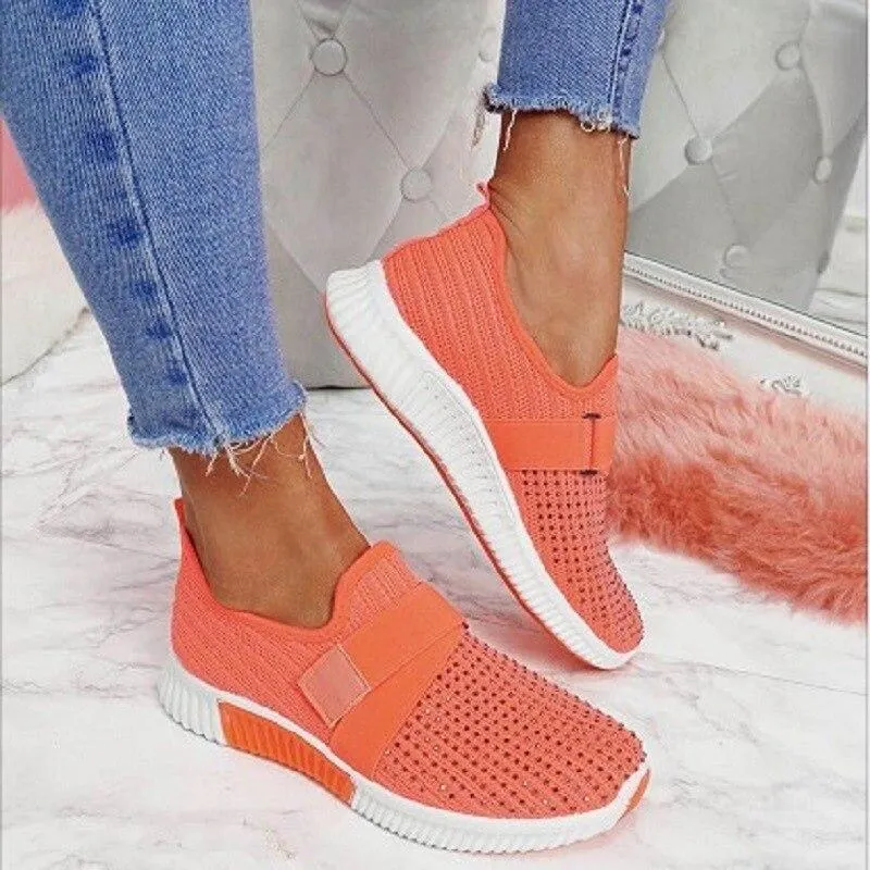 Women Casual Shoes Spring Crystal Solid Female Mesh Sneakers Casual Flat Shoes Women Flats Ladies Sport Shoes White Size 35-43 1103