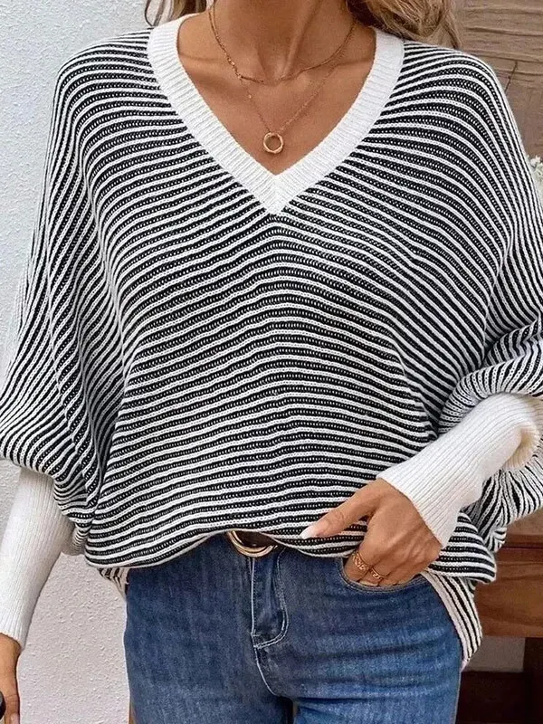 Athvotar Athvotar And Winter New Loose Knitted Stripes V Collar Bat Sleeve Splicing Stuff Sweater Women's Clothing