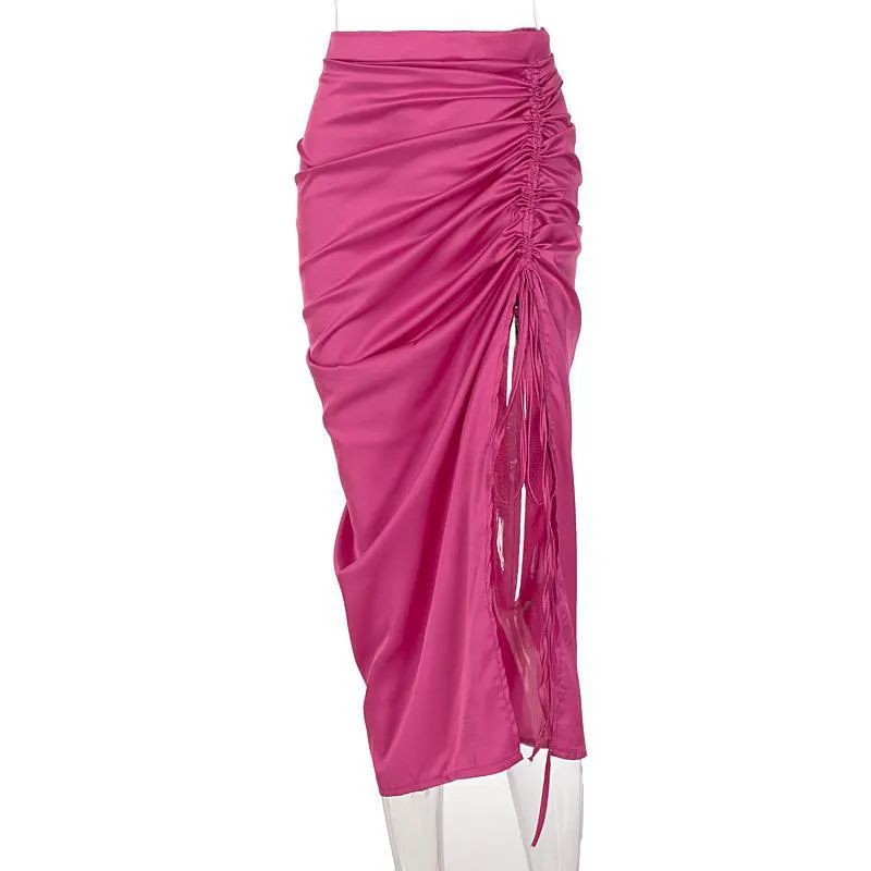 Woman Solid Sexy Skirts 2022 Summer High Waist Bandage Drawstrings Irregular Maxi Dress Ladies Streetwear Slit Skirts