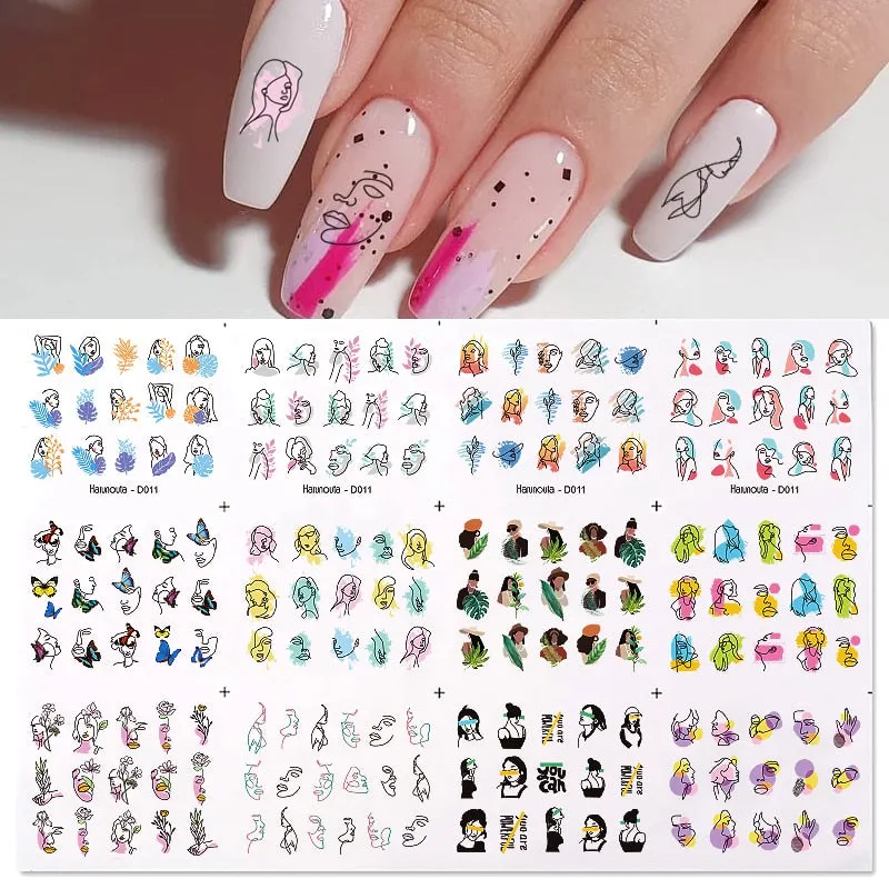 12pcs Geometric Lines Nail Sliders Water Sticker Set Flowers Leaves Design Watercolor Ink DIY Manicures Nail Art Decals Foil