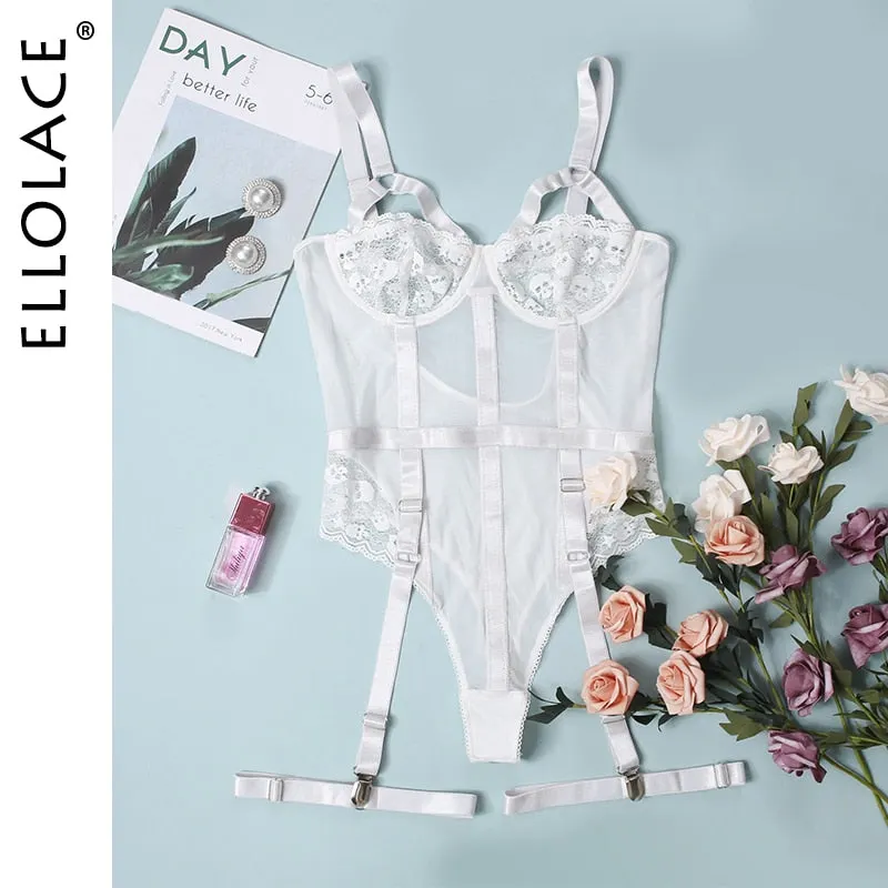 Ellolace Sexy Red Bodysuit Women Bodycon Lace Hollow Out Underwire Lingerie Body Sleeveless Top High Cut Bodysuit with Crotch