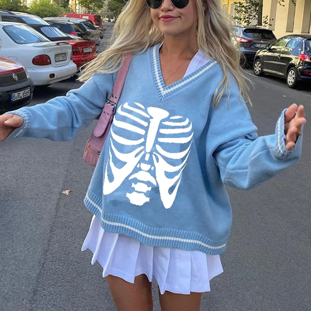 New Autumn Sweaters E-Girls Women Knit Sweater Adults Color Block Skeleton Printed Long Sleeve V-Neck Pullovers Hot Sale