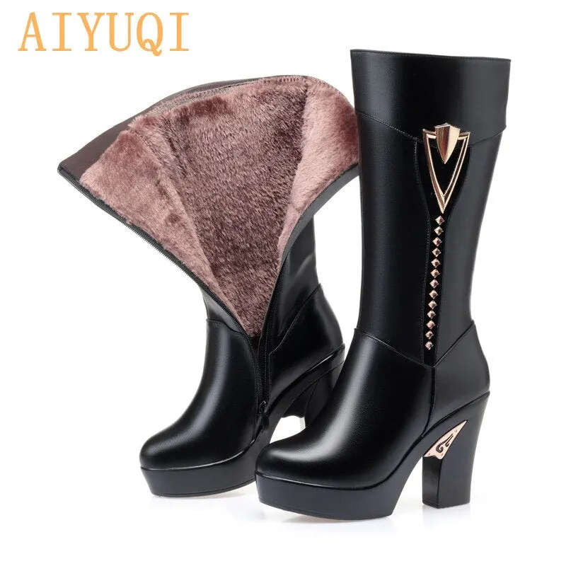Women Long Shoes Platform High Heel 2022 New Winter Boots Women Cow Leather Thick Wool Fashion footwear with thick Heel