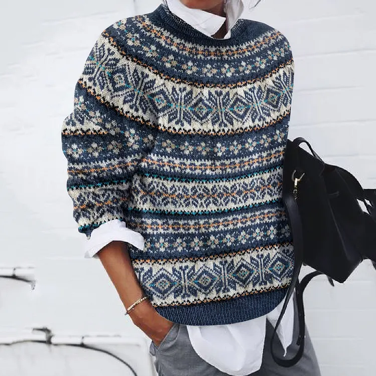 Vintage Fairman Island Snowflake Jacquard Contrast Pattern Sweater