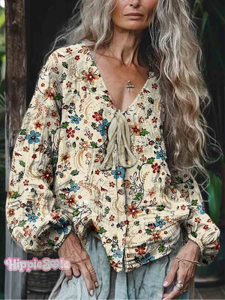 Ladies V-Neck Printed Casual Lantern Long Sleeve Comfortable Cotton Shirt Multicolor / S