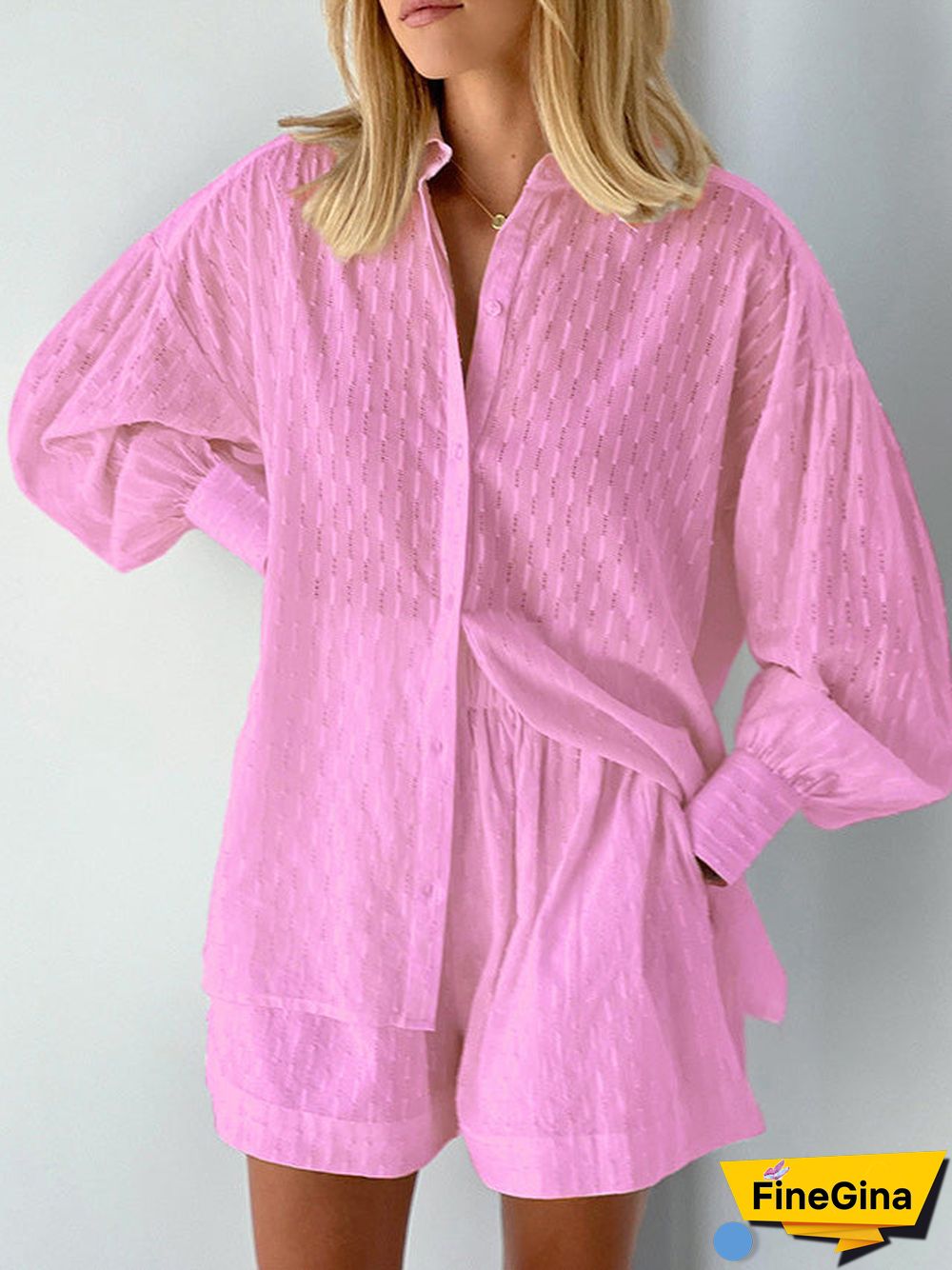 Women'S Sets Jacquard Long Sleeve Shirt & Shorts Two Piece Set