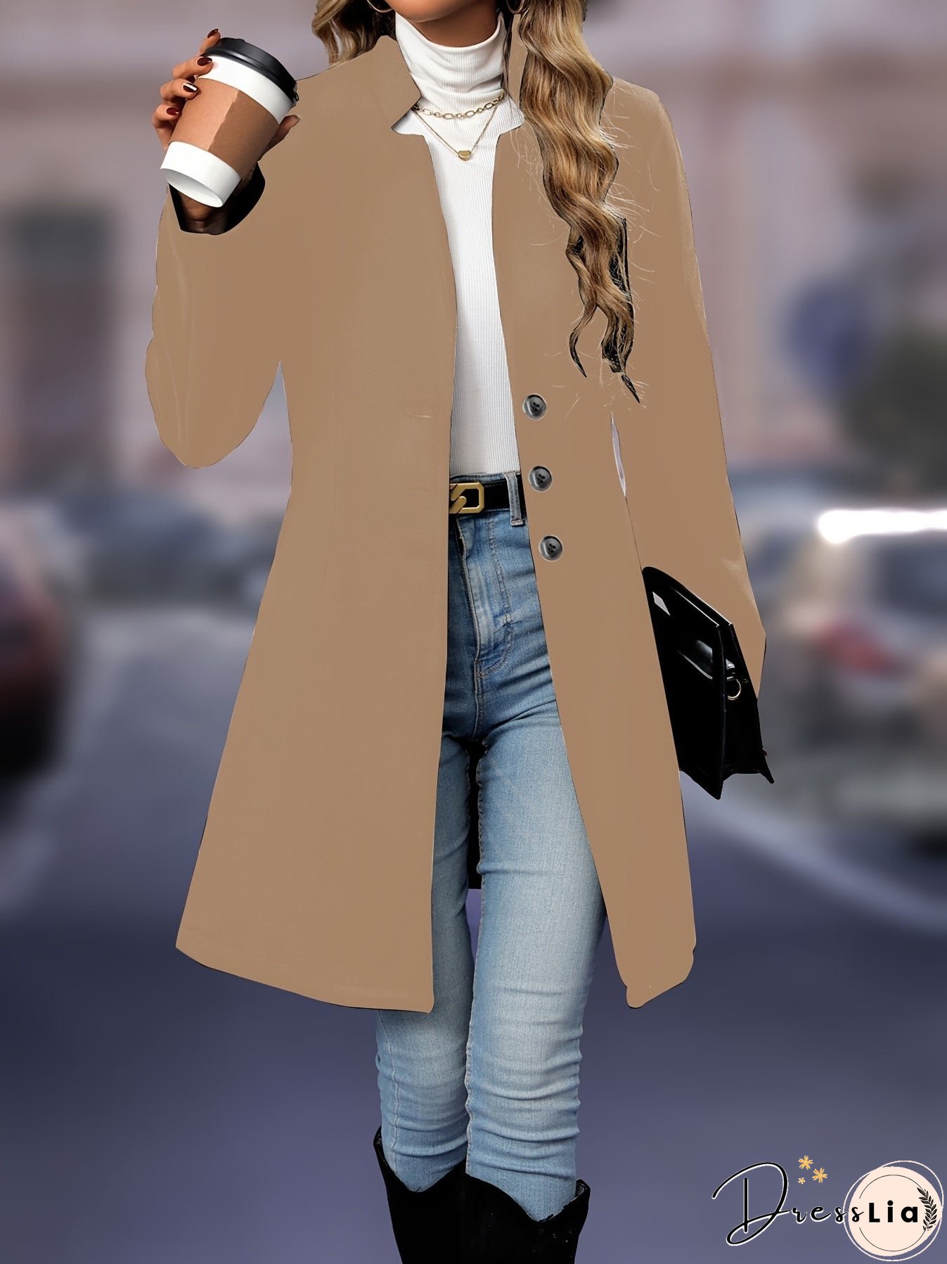 Solid Button Front Tunic Overcoat, Elegant Long Sleeve Winter Outwear, Women's Clothing