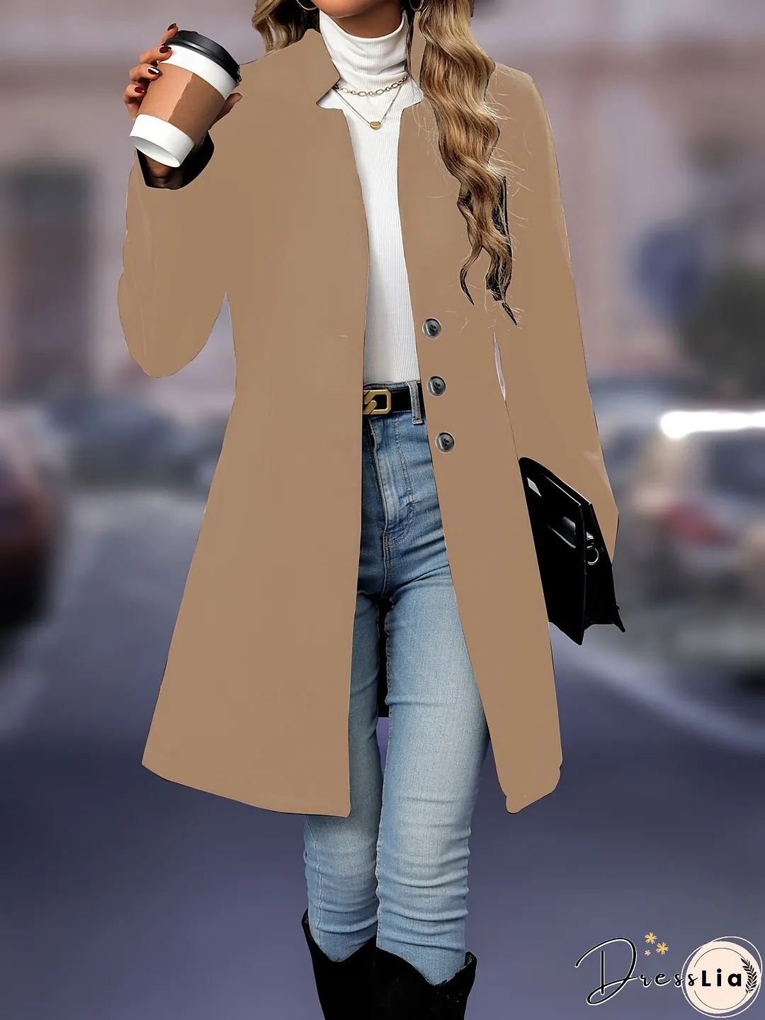 Solid Button Front Tunic Overcoat, Elegant Long Sleeve Winter Outwear, Women's Clothing