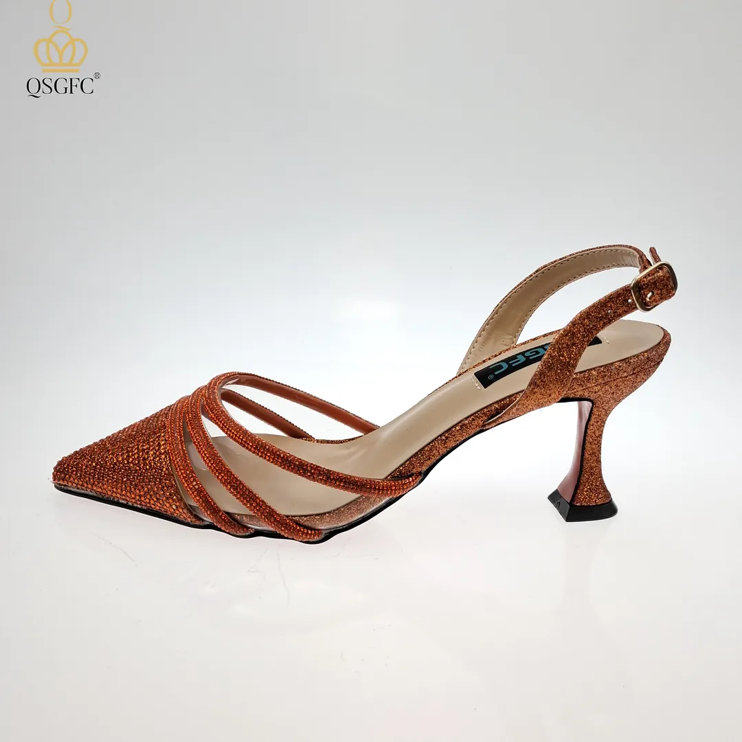 QSGFC2022 Fashion Shiny Full Diamond Decoration In Nigeria Elegant Orange Color Ladies Shoes and Bag For Party Wedding