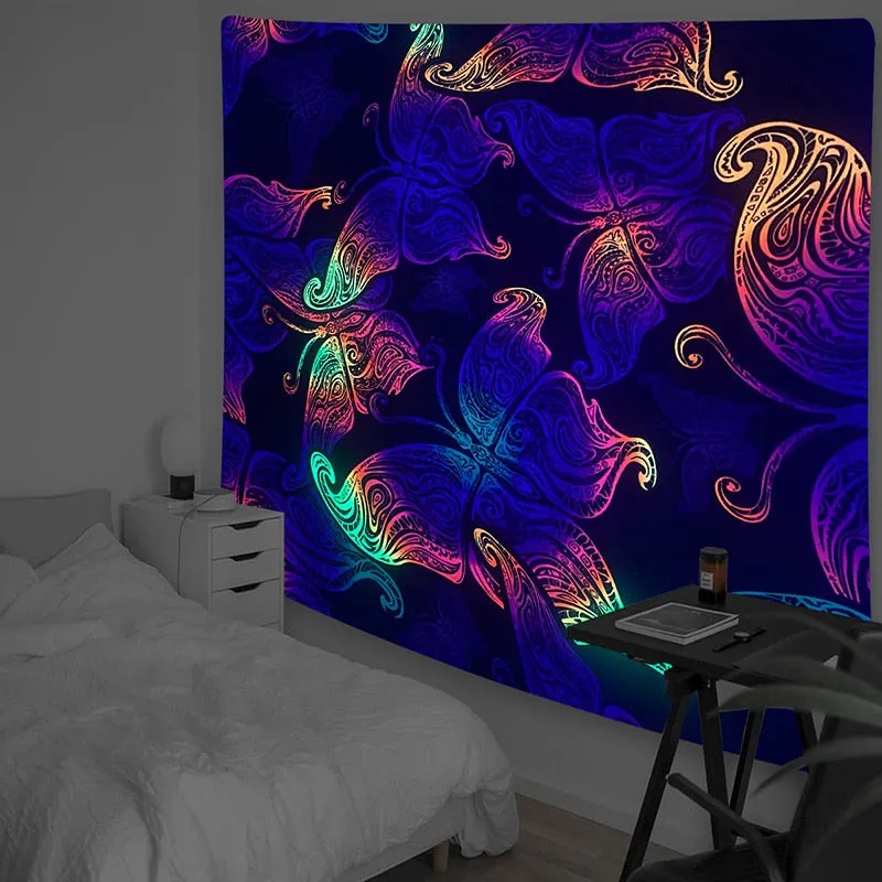 Fluorescent Tapestry Luminous Hanging Cloth Aesthetic Room Decor Home Psychedelic Background Wall Glows Under Ultraviolet Light