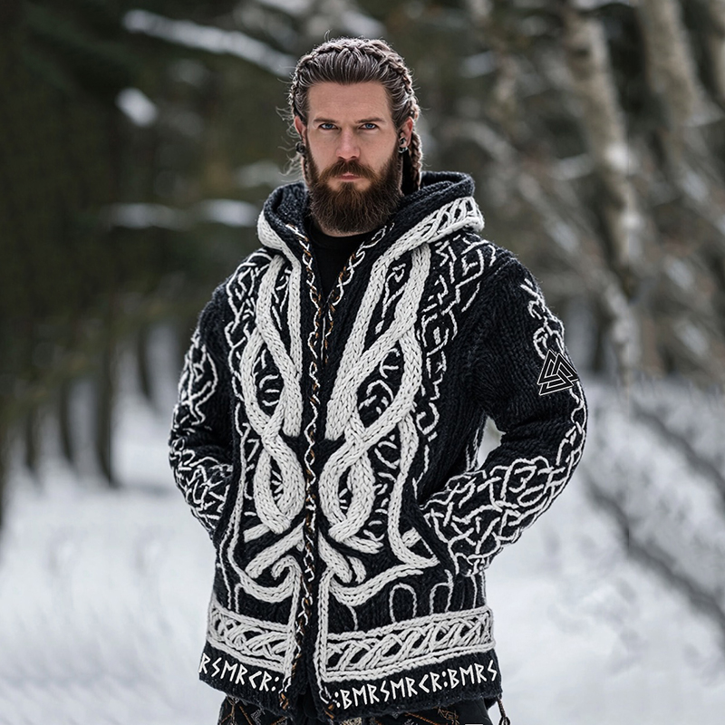 Men's Viking Berserker Warrior Runes Celtic Knot Chunky Knit Zipper Hooded Cardigan