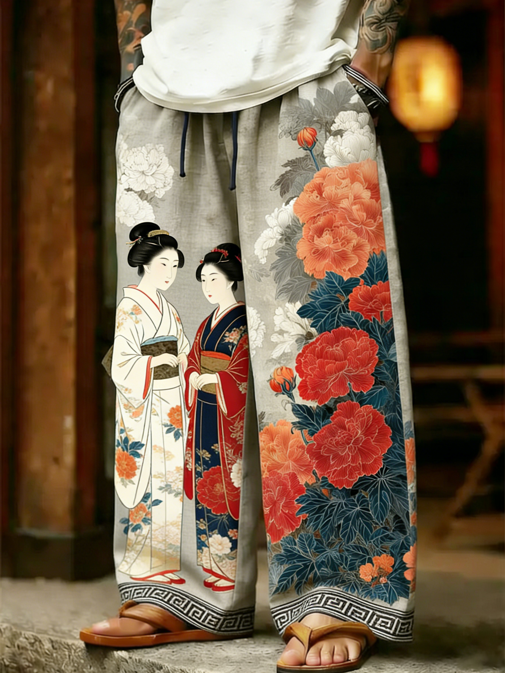 Vintage Elegant Japanese Geisha With Floral Printed Art Linen Blend Pants elevenforest
