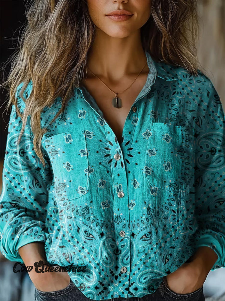 Women&rsquo;s Bohemian Graphic Print Ruffle Shirt Blue / S