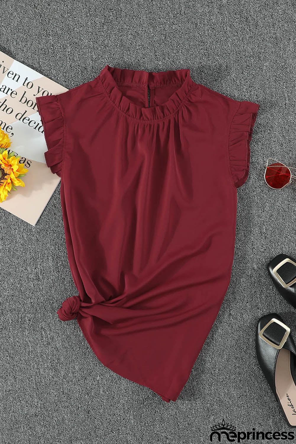 Summer Red Crew Neck Flounced Tank Top