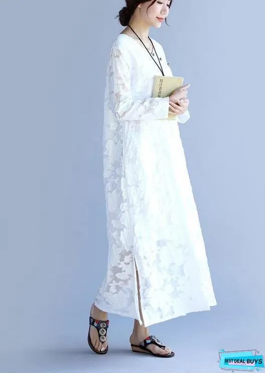 Unique O Neck Spring Tunic Pattern Fabrics White Cut Flowers Long Dress