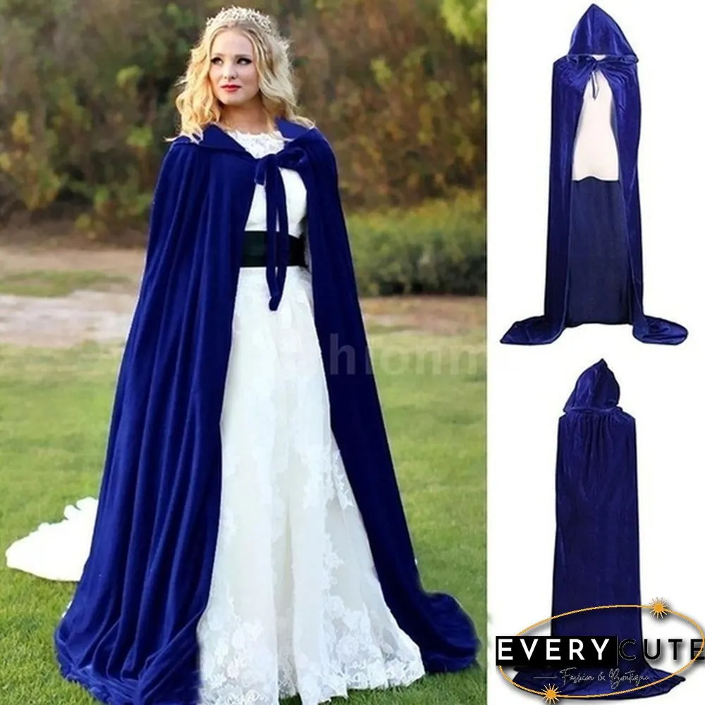 Adult Hooded Cloak Long Velvet Cape Robe Green Black Red Halloween Carnival Purim Coats Medieval Witch Wicca Vampire Costume