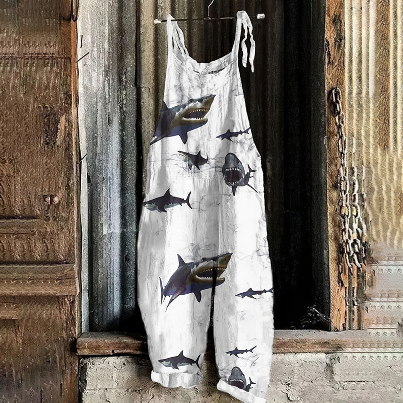 Vintage Fierce Shark Graphic Painting Art Loose Jumpsuit