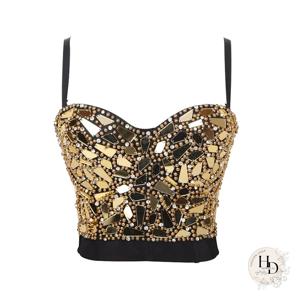 Women Holographic Rainbow Sequins Bustier Bra Spaghetti Strap Corset Camisole Reflective Bralette Crop Top Women Corset Clubwear