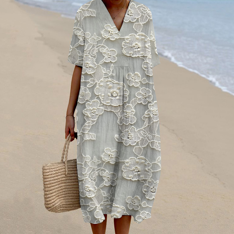 Lace Floral Print V-Neck Loose Midi Dress artswardrobe