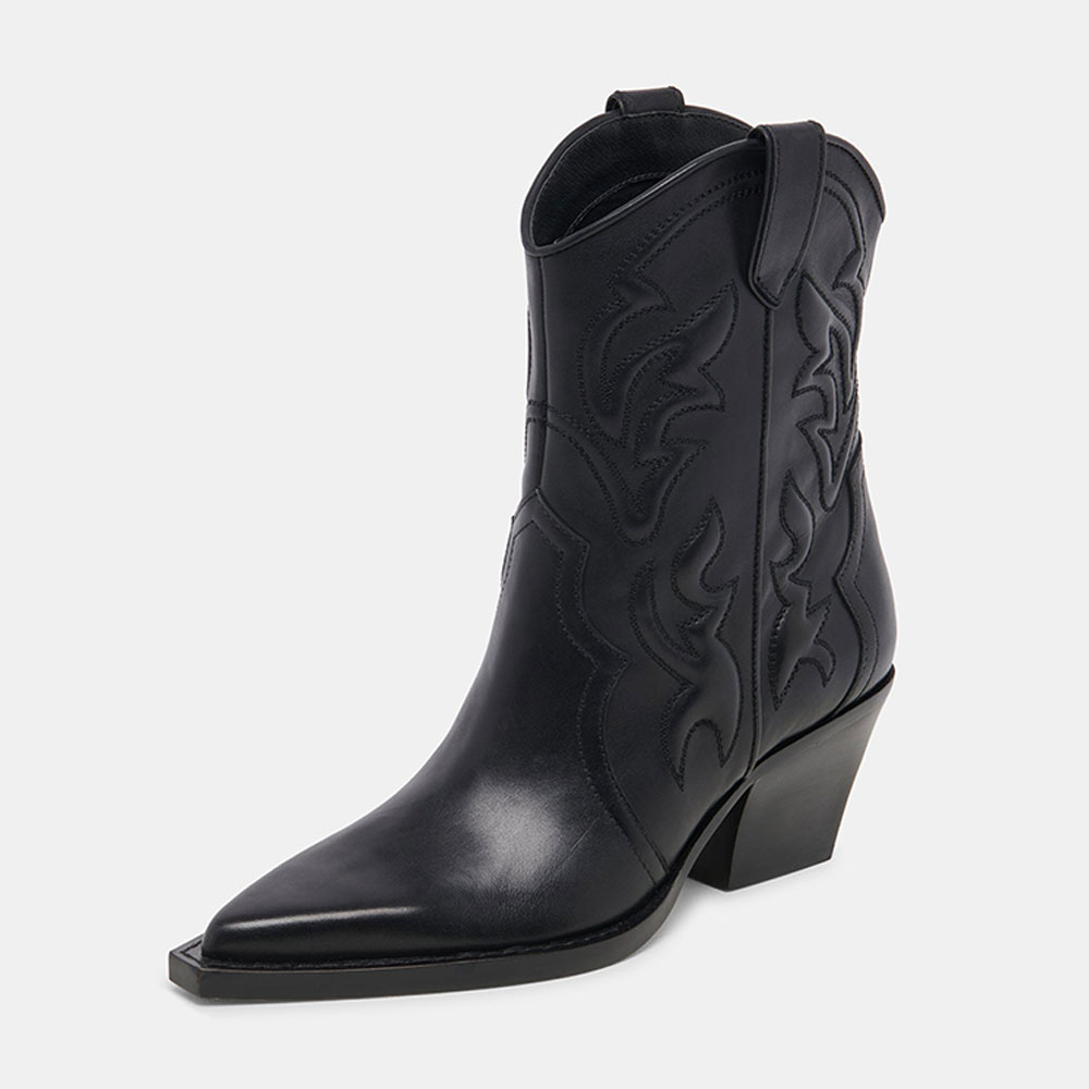 Black Stitching Pointed Toe Chunky Heel Pull-On Ankle Boots for Women