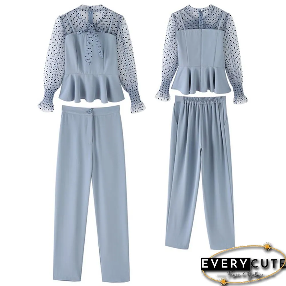 Office Fashion Two Piece Pants Sets Outfits Women Bow Dot Print Patchwork Tunics Tops + Pants Suits Korean Workwear Sets