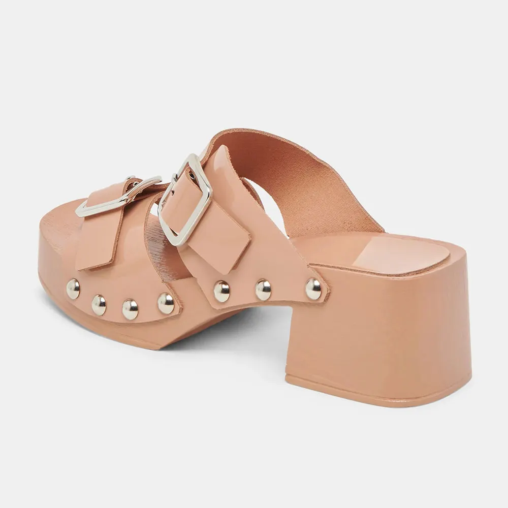 Square Toe Studded Mid Block Heel Buckled Nude Platform Mules