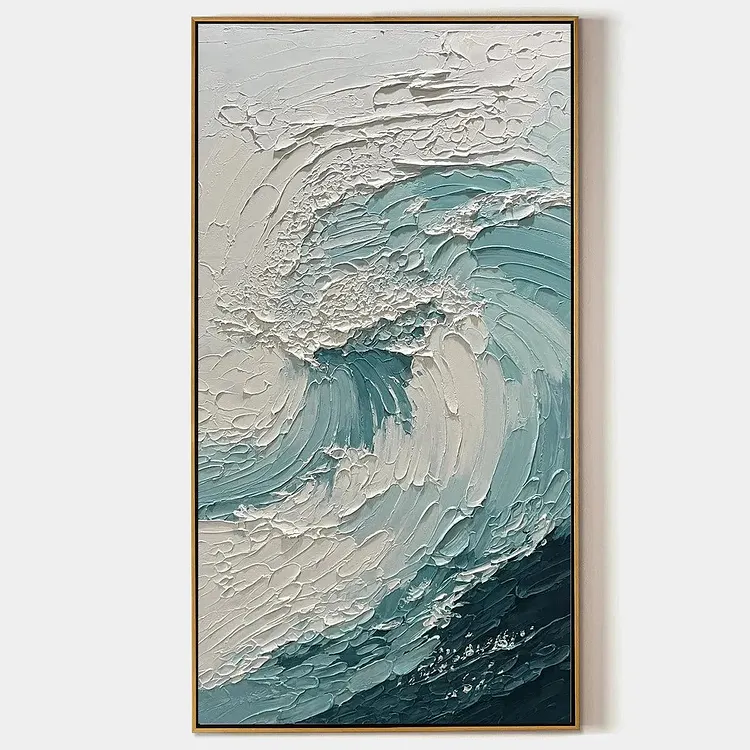 AQUAMARINE CREST: Textured Ocean Wave Painting, Vertical Canvas, Coastal Wall Art（Canvas painting）