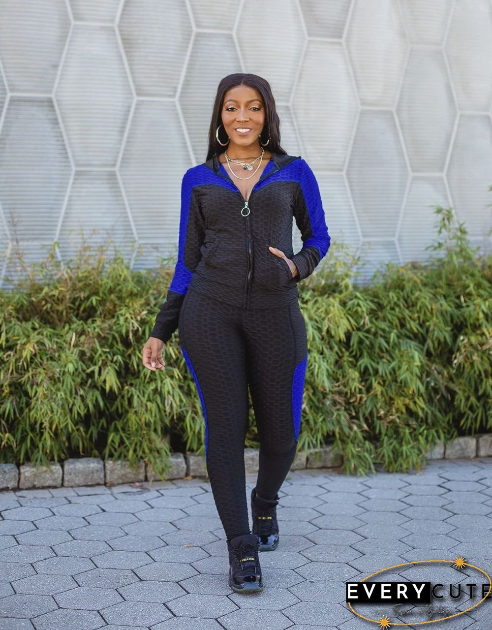 Women Colorblock Zipper Hooded Coat Top Pants Sweat Suits