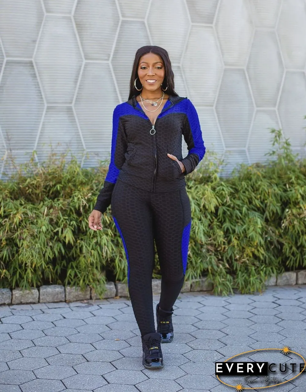 Women Colorblock Zipper Hooded Coat Top Pants Sweat Suits