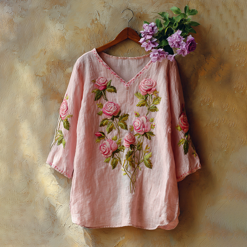 Retro Rose Embroidery Pattern Linen Blend Three-quarter Sleeve Tops elevenforest