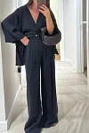 Women's V-neck button cotton and linen casual suit