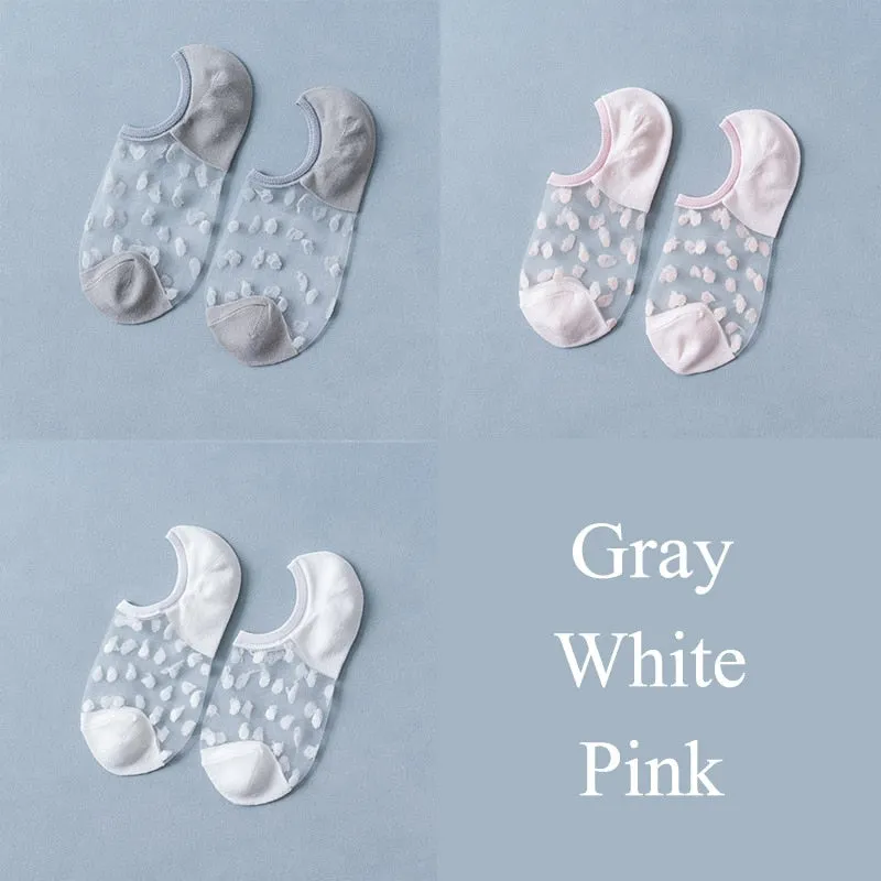 3 Pairs/Set Crystal Lace Socks Summer Women Transparent Lace Silk Flower Girls Elastic Invisible Short Boat Socks Female Sox