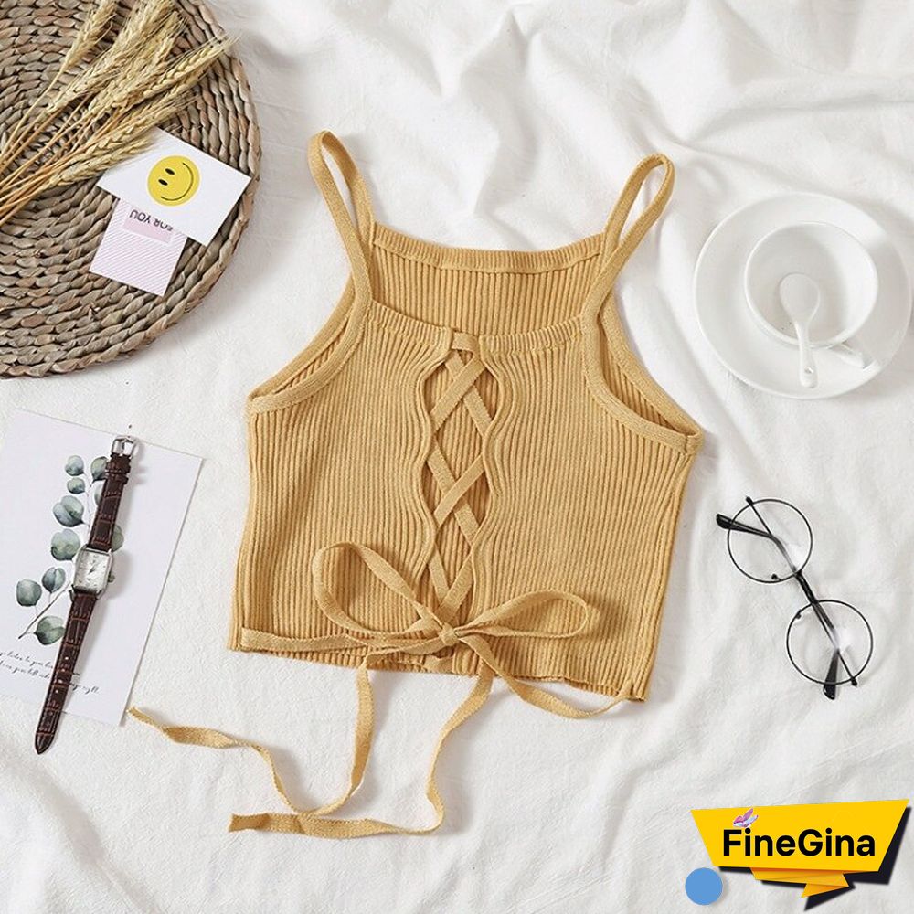 Women Crop Top Knitted Bandage Tops Spaghetti Club Camis Halter Tank Top Female Bare Midriff Solid Camisole Summer