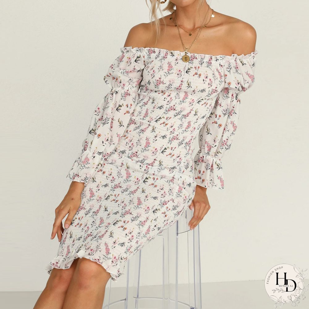 Fashion Strapless Printed Tight-Fitting Mid-Length Package Hip Skirt Spring And Summer Sweet Style