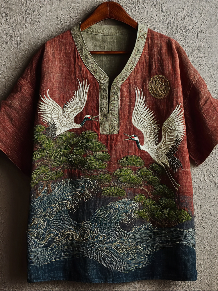 Japanese Cranes & Pine Trees Sea Waves Embroidered Linen Shirt