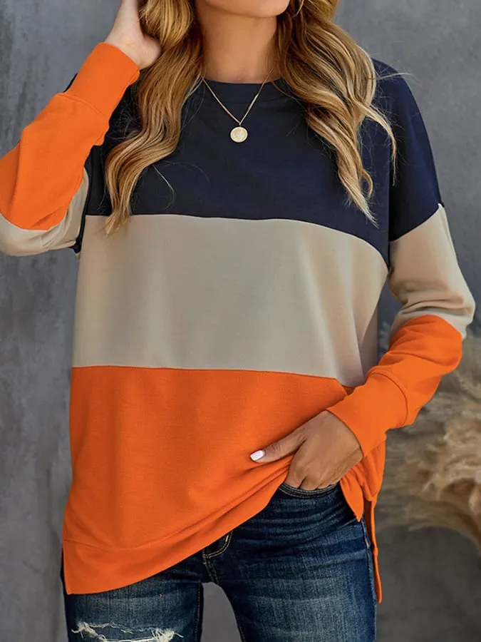 Fashion Color Contrast Splicing Loose Long-Sleeved Sweater