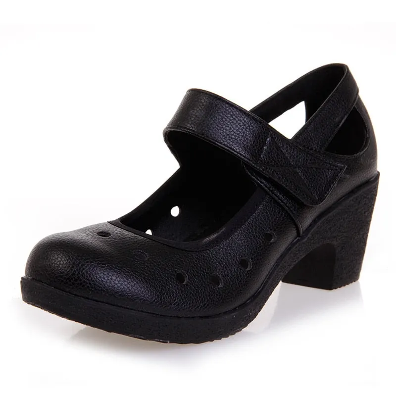 GKTINOO 2022 Cut Out Women Pumps Breathable Women Shoes Hook&Loop Thick High Heels Soft Mary Janes Dancing Shoes Leather
