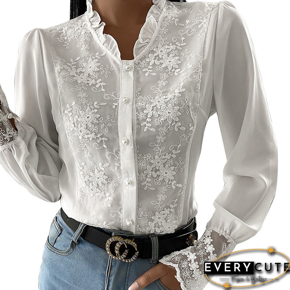 New Elegant Long Sleeve Ladies Tops Blouses Button Casual White Shirt Women Ruffles Collar Fit Slim Women Lace Patchwork Blouse