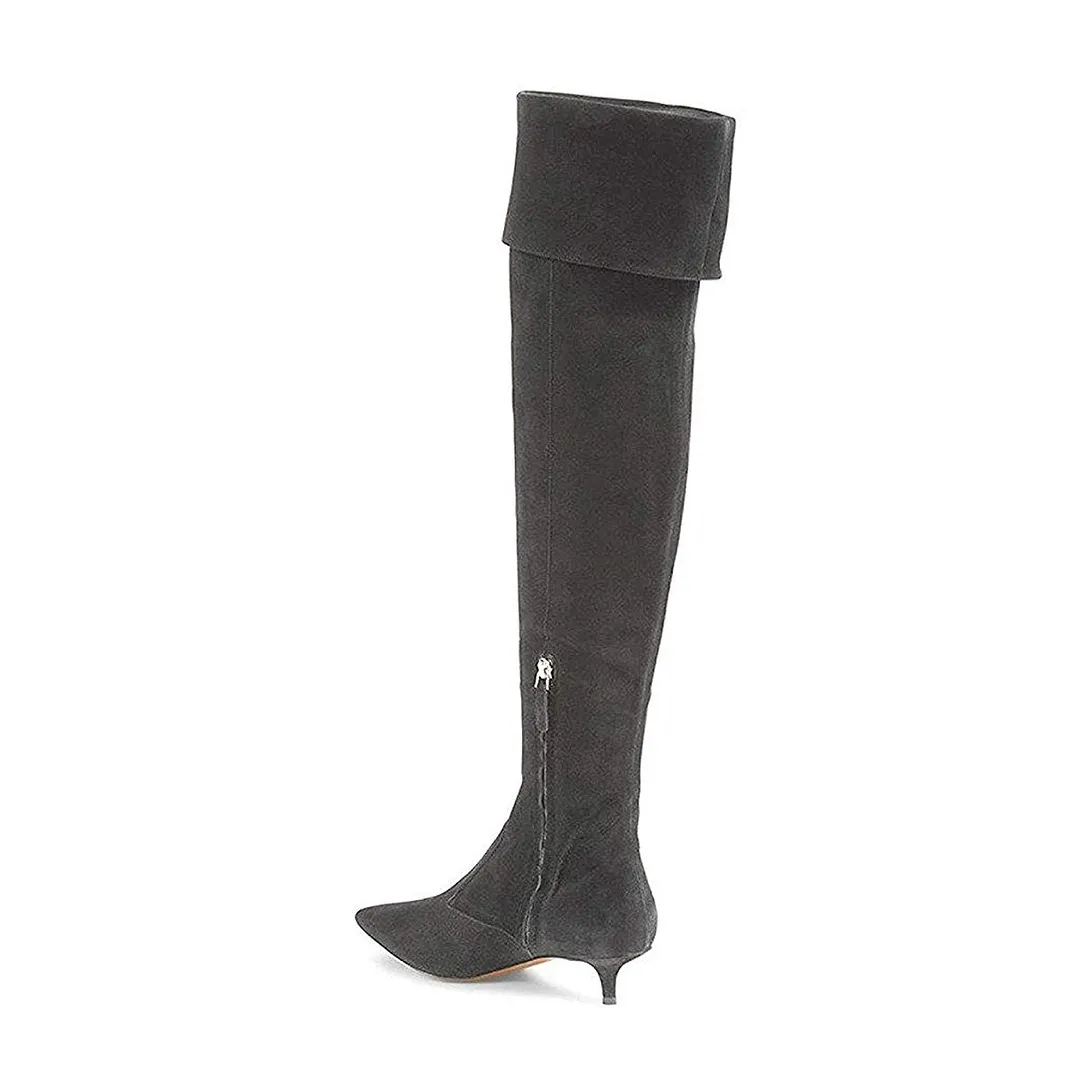 Gray Faux Suede Pointed Toe Over-The-Knee Kitten Heel Boots