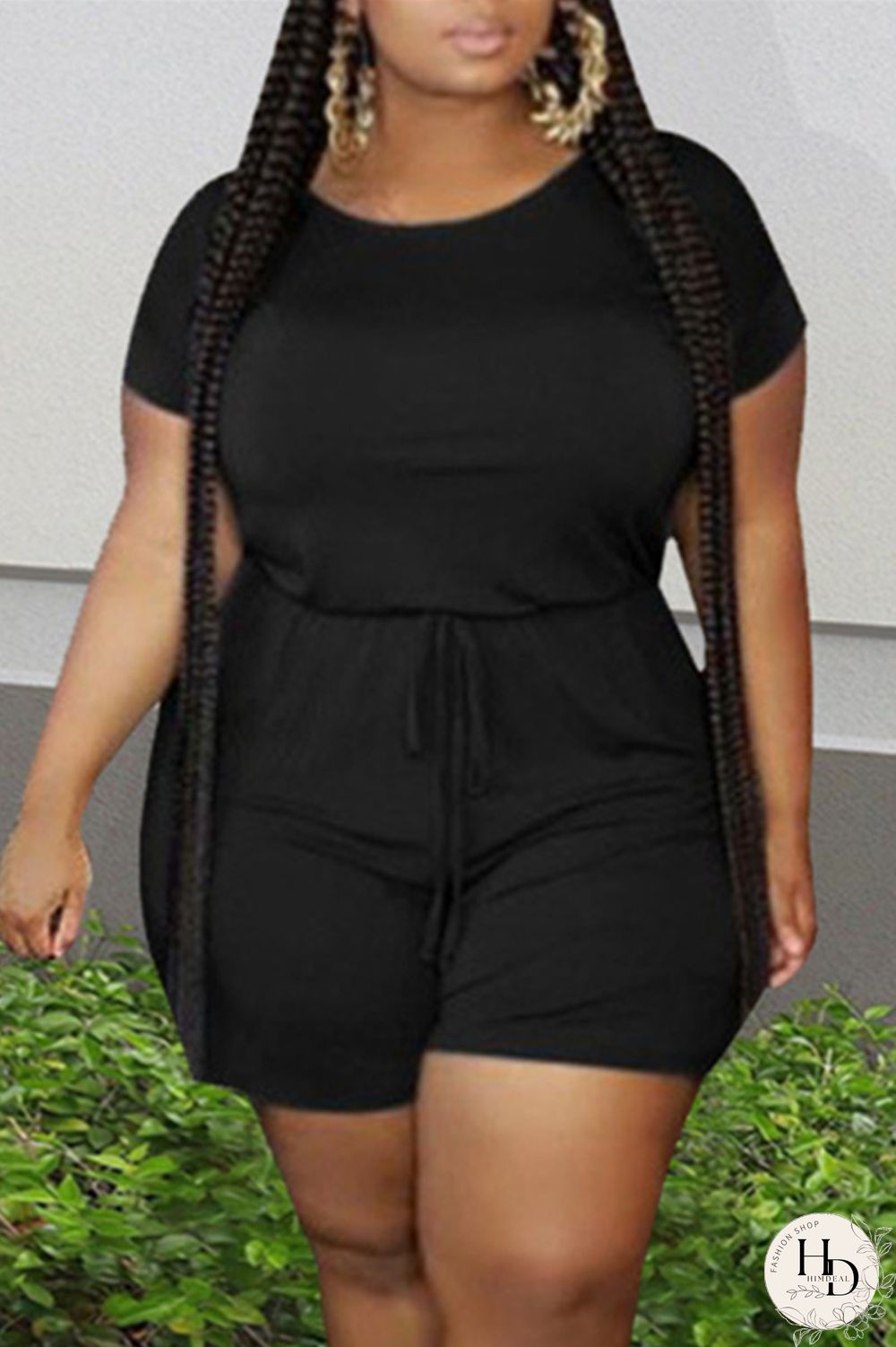 Black Fashion Casual Solid Basic O Neck Plus Size Two Pieces