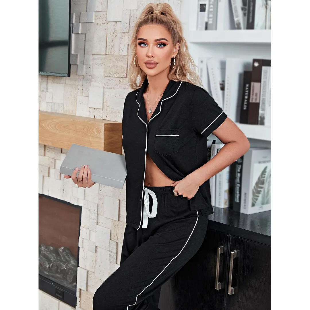 Nigikala Nigikala Female Spring Autumn Cardigan Short Sleeve Long Pajama Pants Home Suit