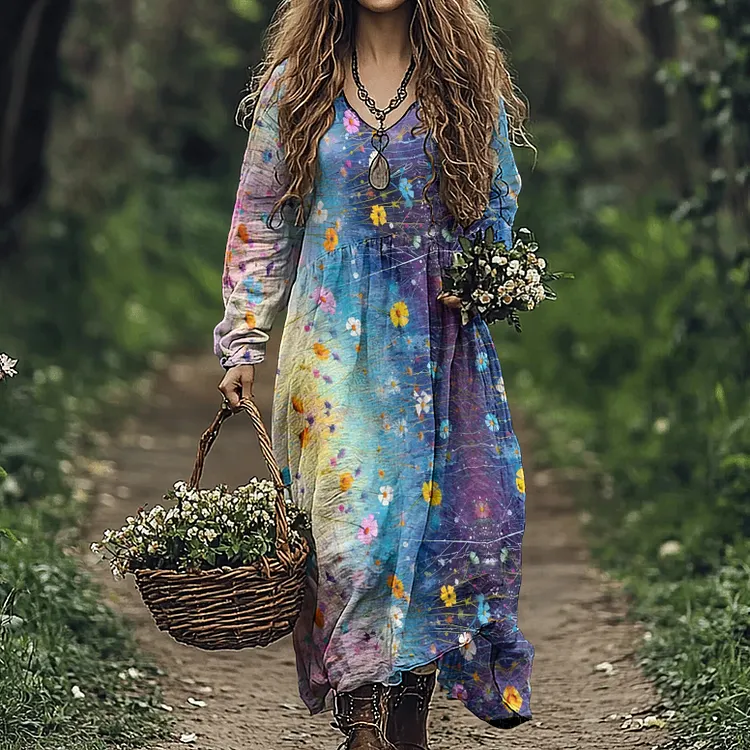 Vintage Gradient Purple Floral Art Women's Linen Dress