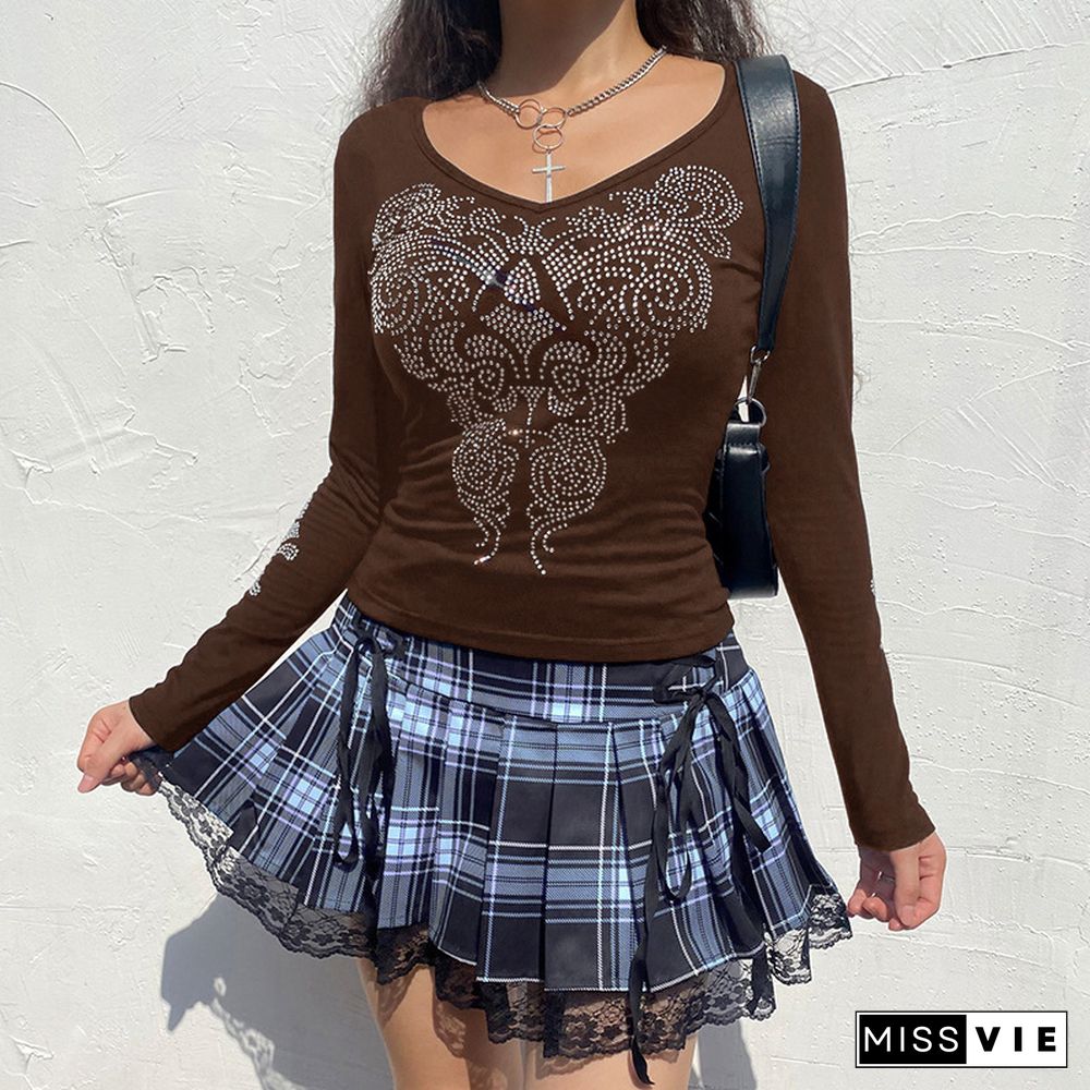Retro Street Style Rhinestone Detail Long Sleeve Tee