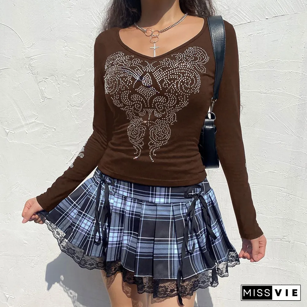 Retro Street Style Rhinestone Detail Long Sleeve Tee