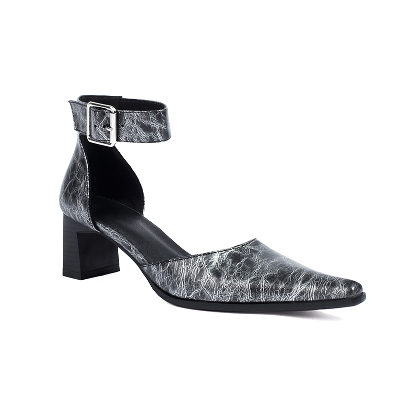 GOOSHOE Square Toe Microfiber Striped Side Hollow Ankle Buckle Sandals Irregular Square Heel Ankle Buckle Sandals