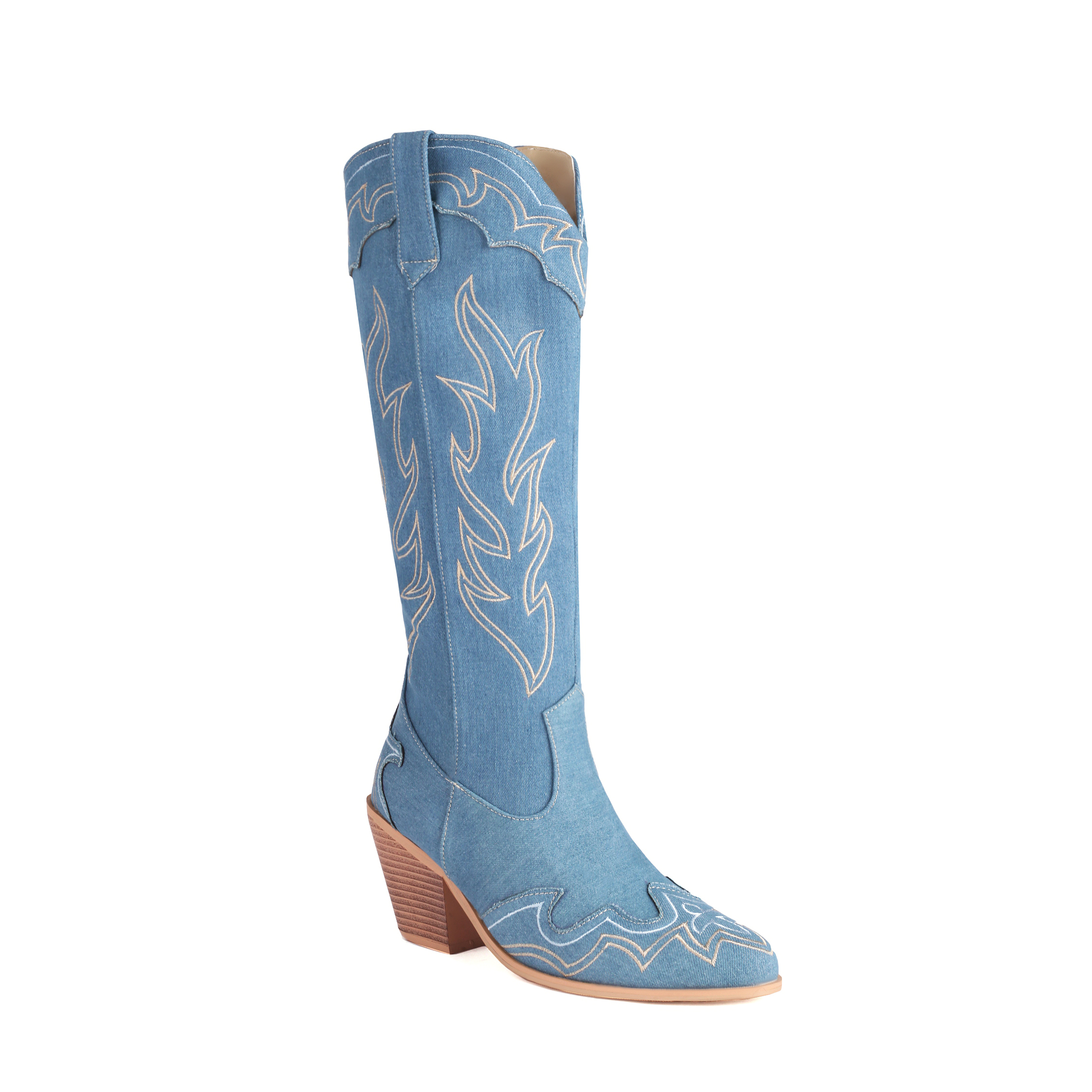 GOOSHOE Tapered Wood Grain Thick Heel Embroidered Women's Knee High Boots Side Zipper PU Stitching Denim Boots