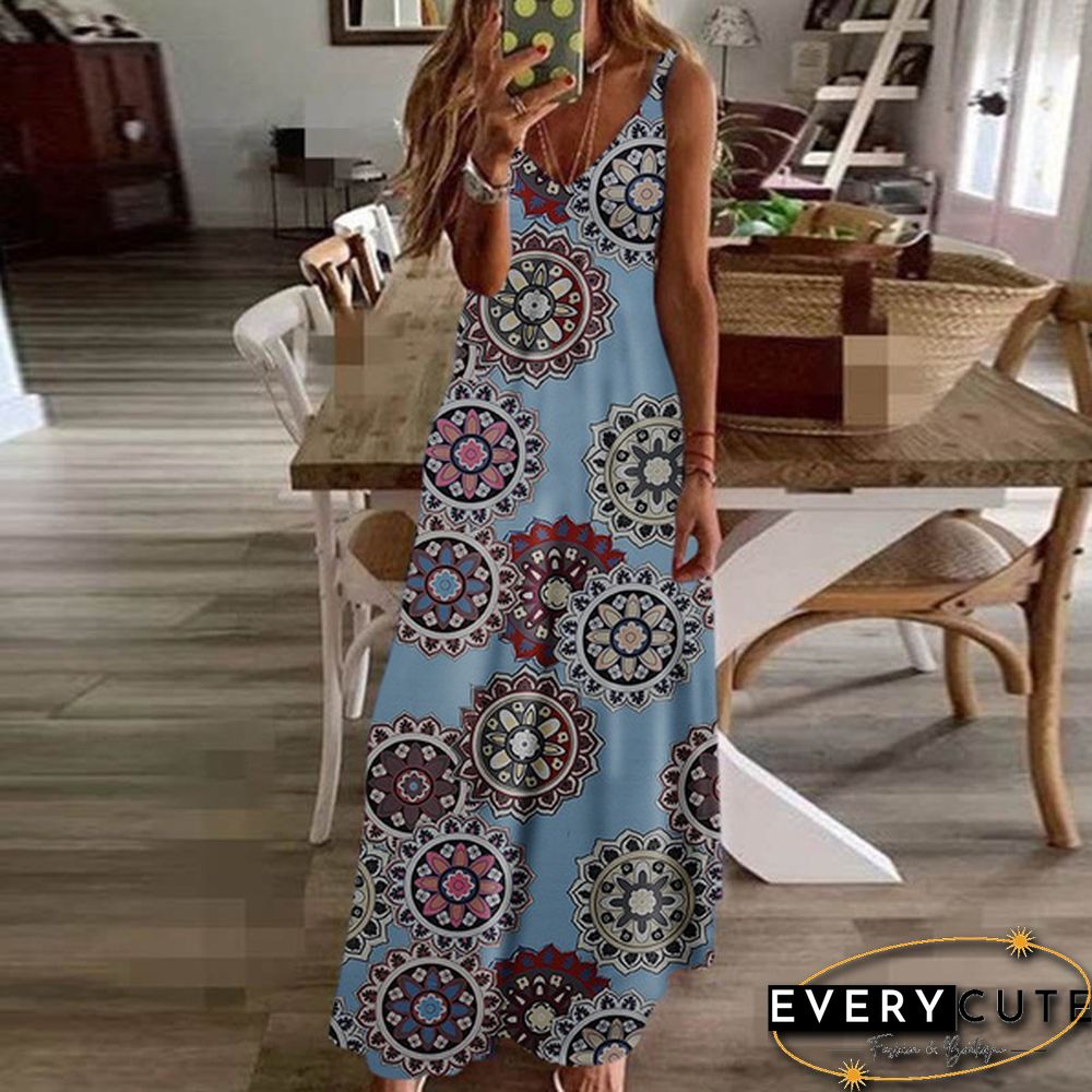 Women's Fashion Summer Sleeveless Floral Printing Sling Dress Deep V-Neck Slim Fit Big Swing Skirts Loose Casual Long Maxi Dresses Ladies Plus Size Party Dresses